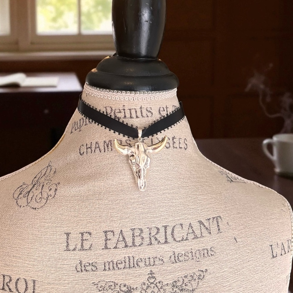 Silver and Gold Toned Bull Skull Pendant Choker Necklace